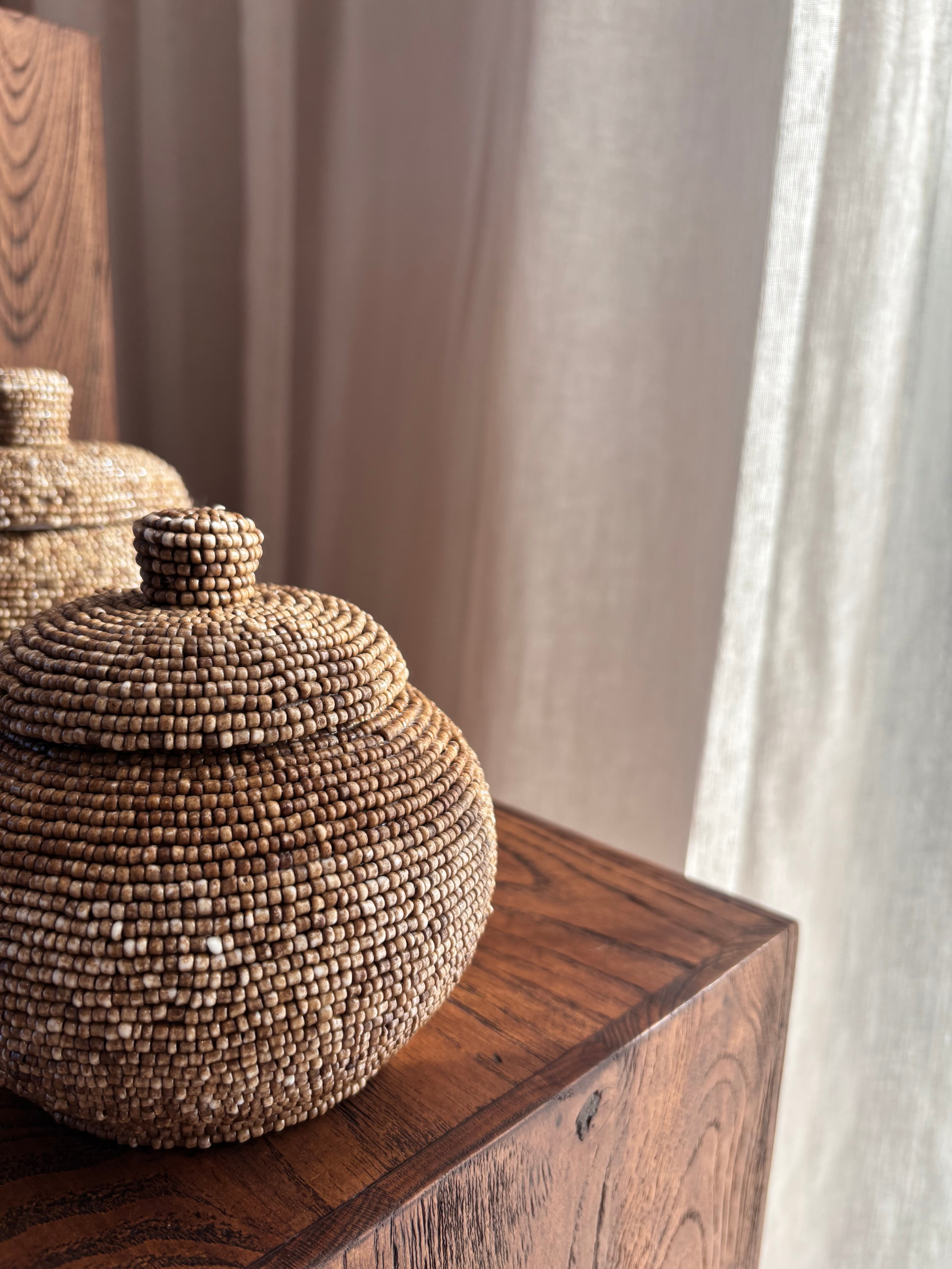 Wooden Pot with Beaded Exterior - Natural