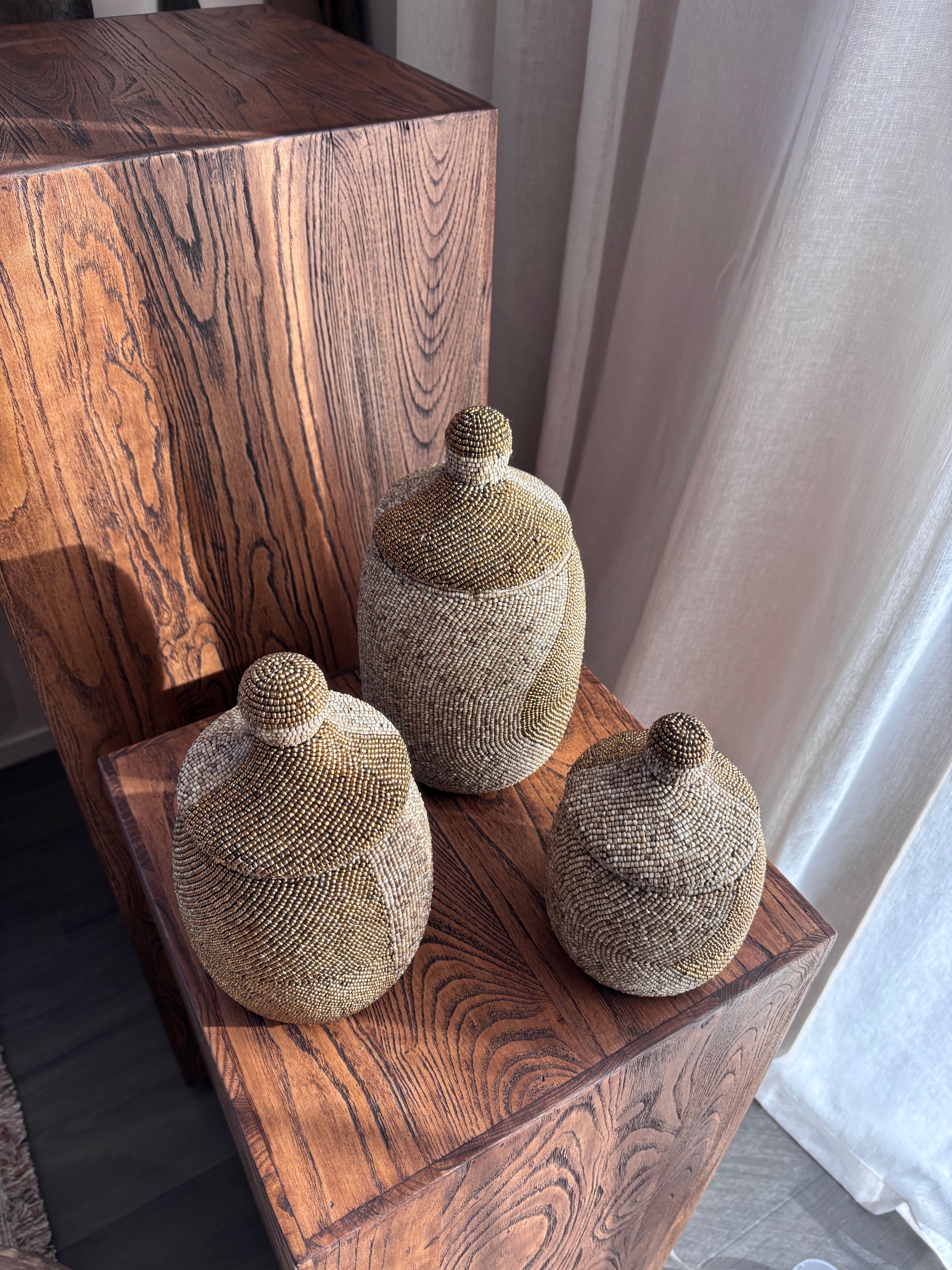Beaded Canister - Gold / Natural