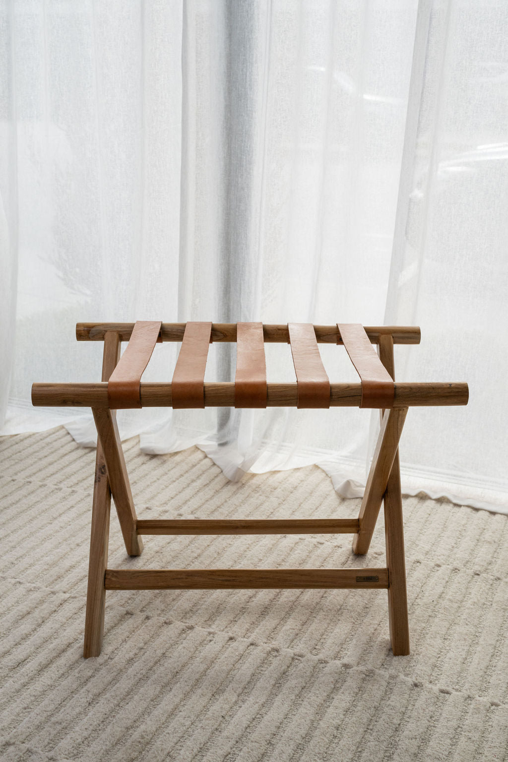 Teak + Leather Folding Luggage Rack — Tan