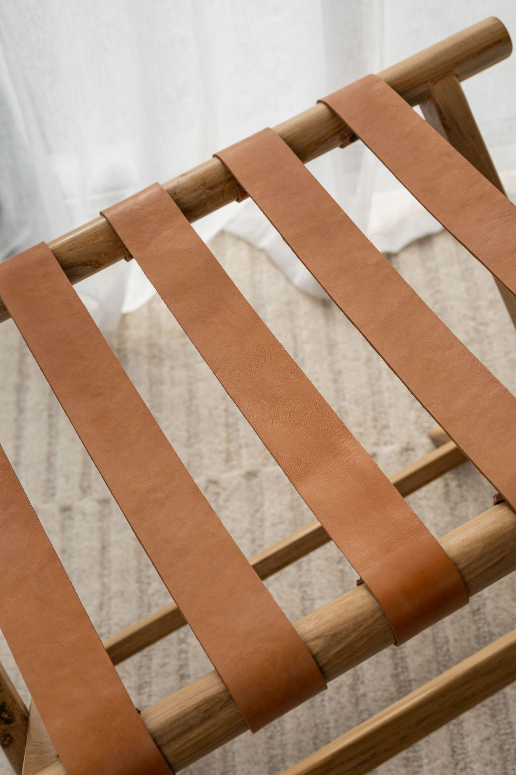 Teak + Leather Folding Luggage Rack — Tan
