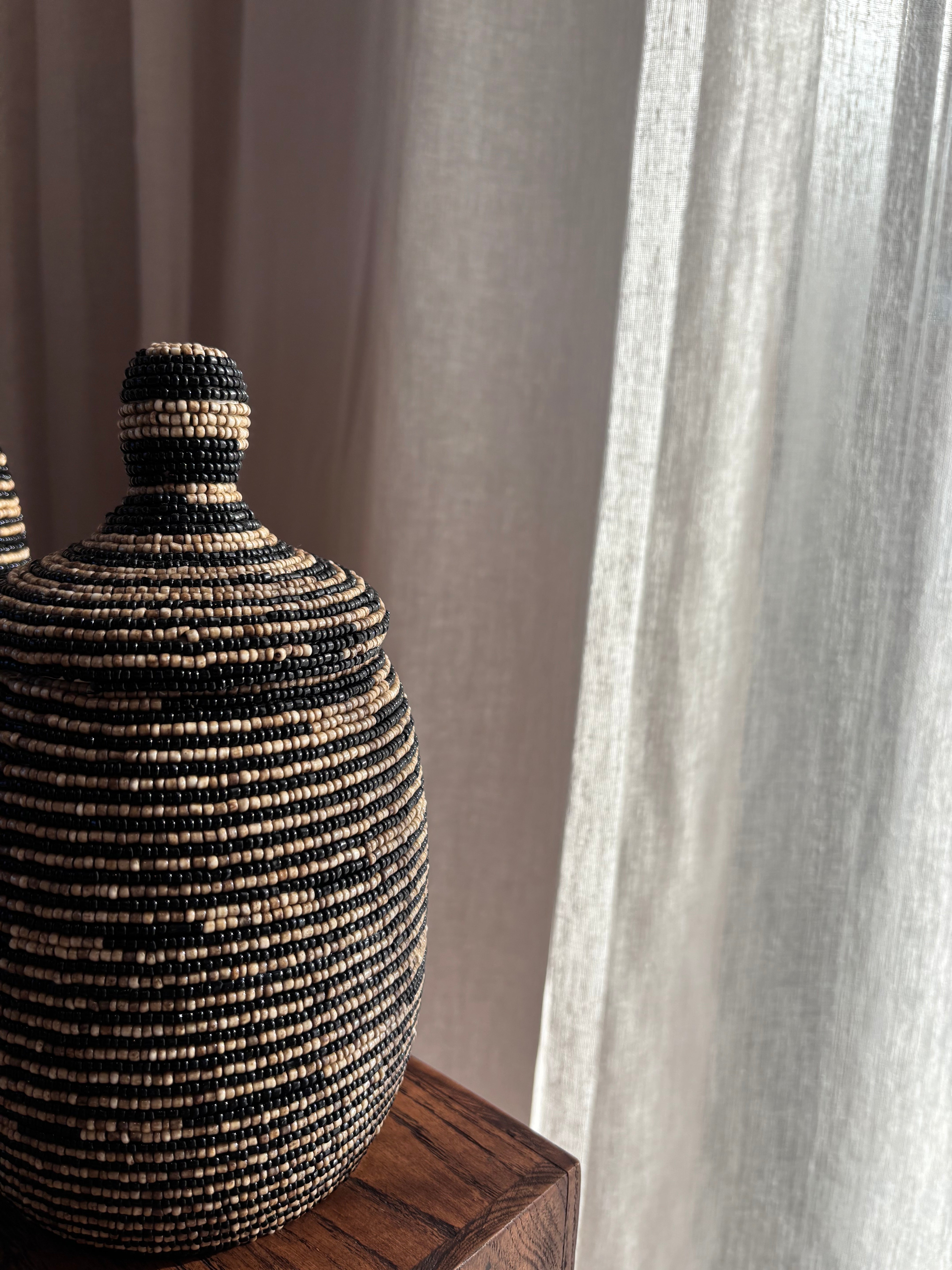 Hand Beaded Canister - Black / Natural Stripe