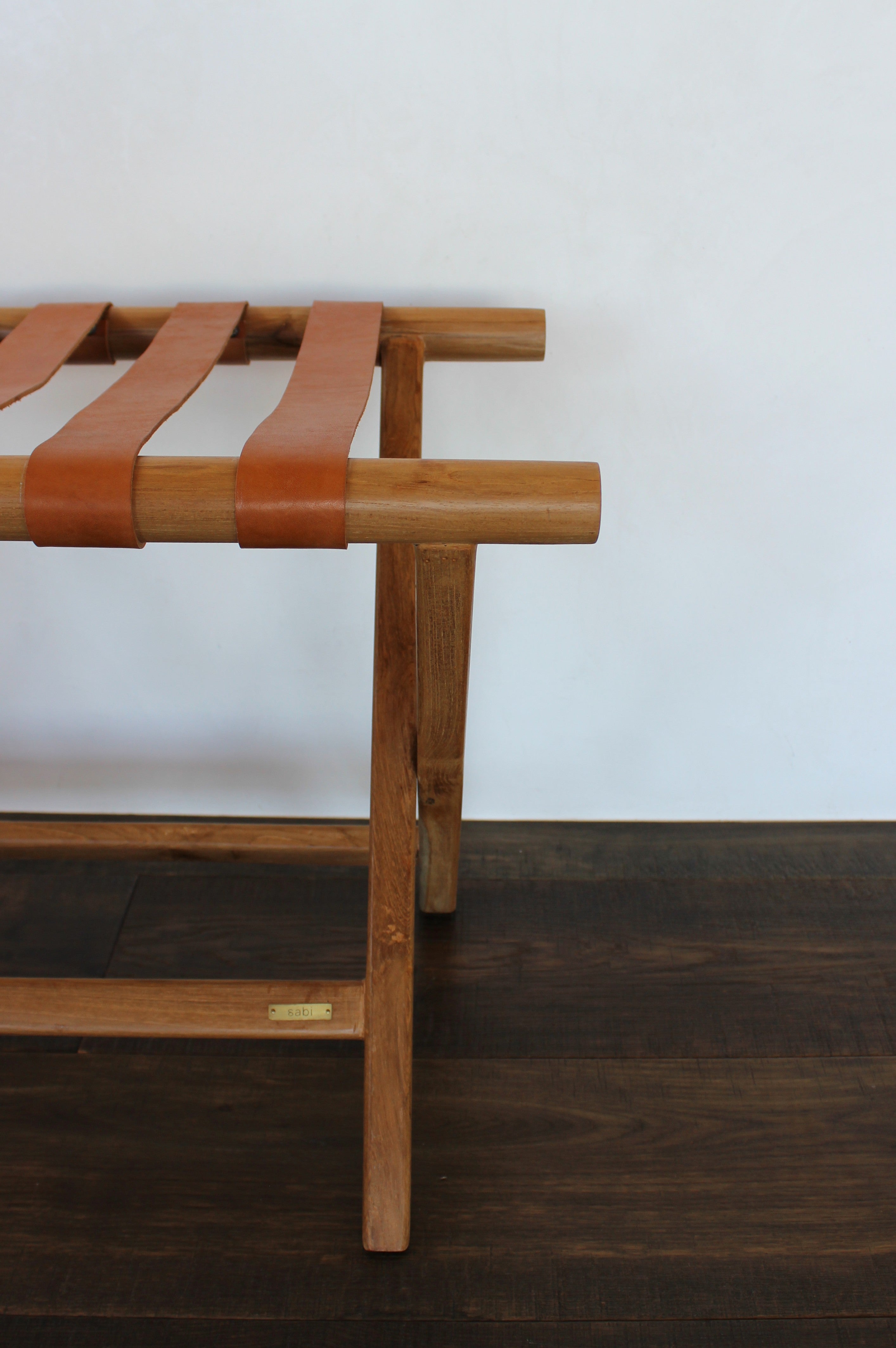 Teak + Leather Folding Luggage Rack — Tan
