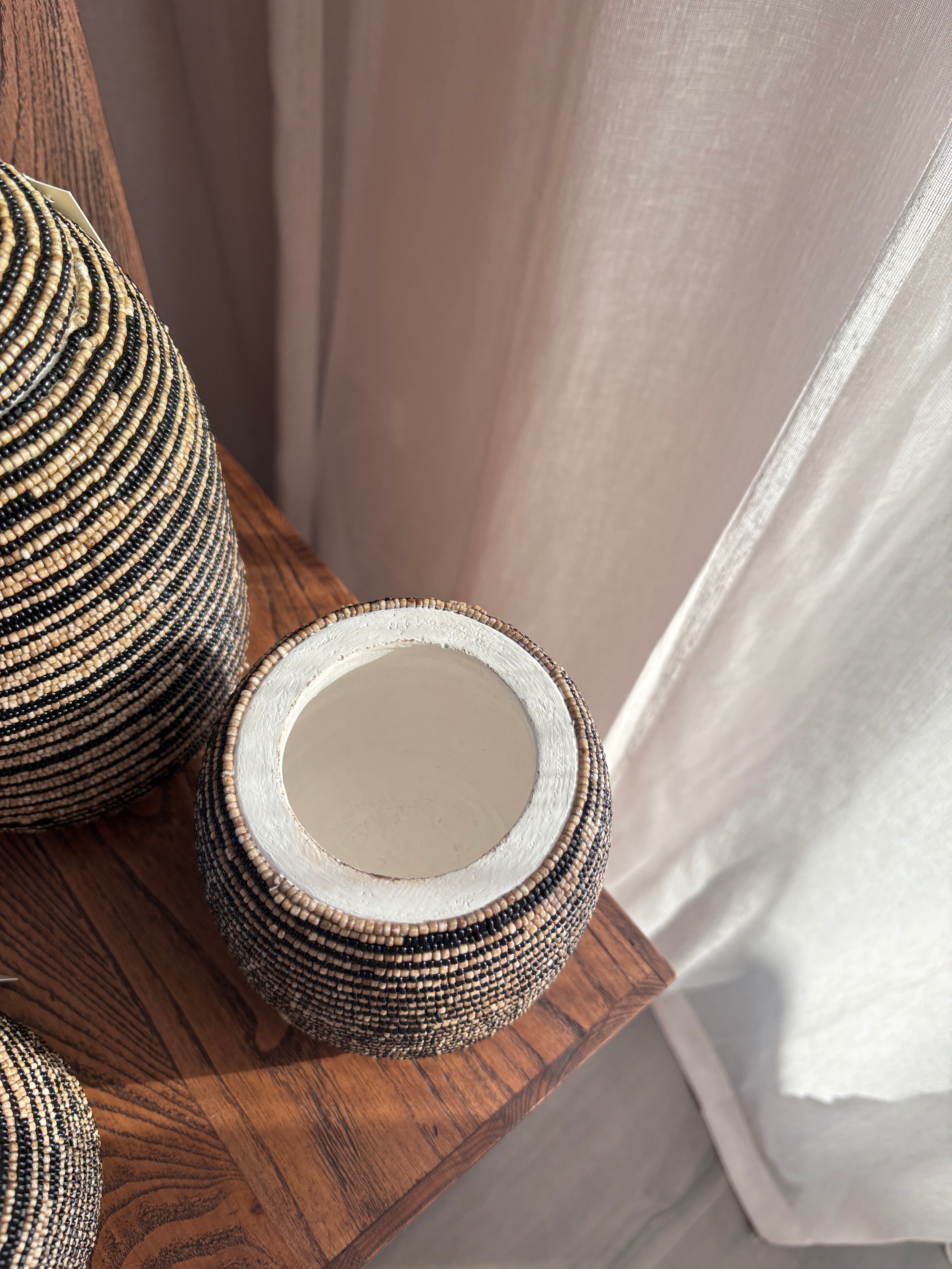 Hand Beaded Canister - Black / Natural Stripe