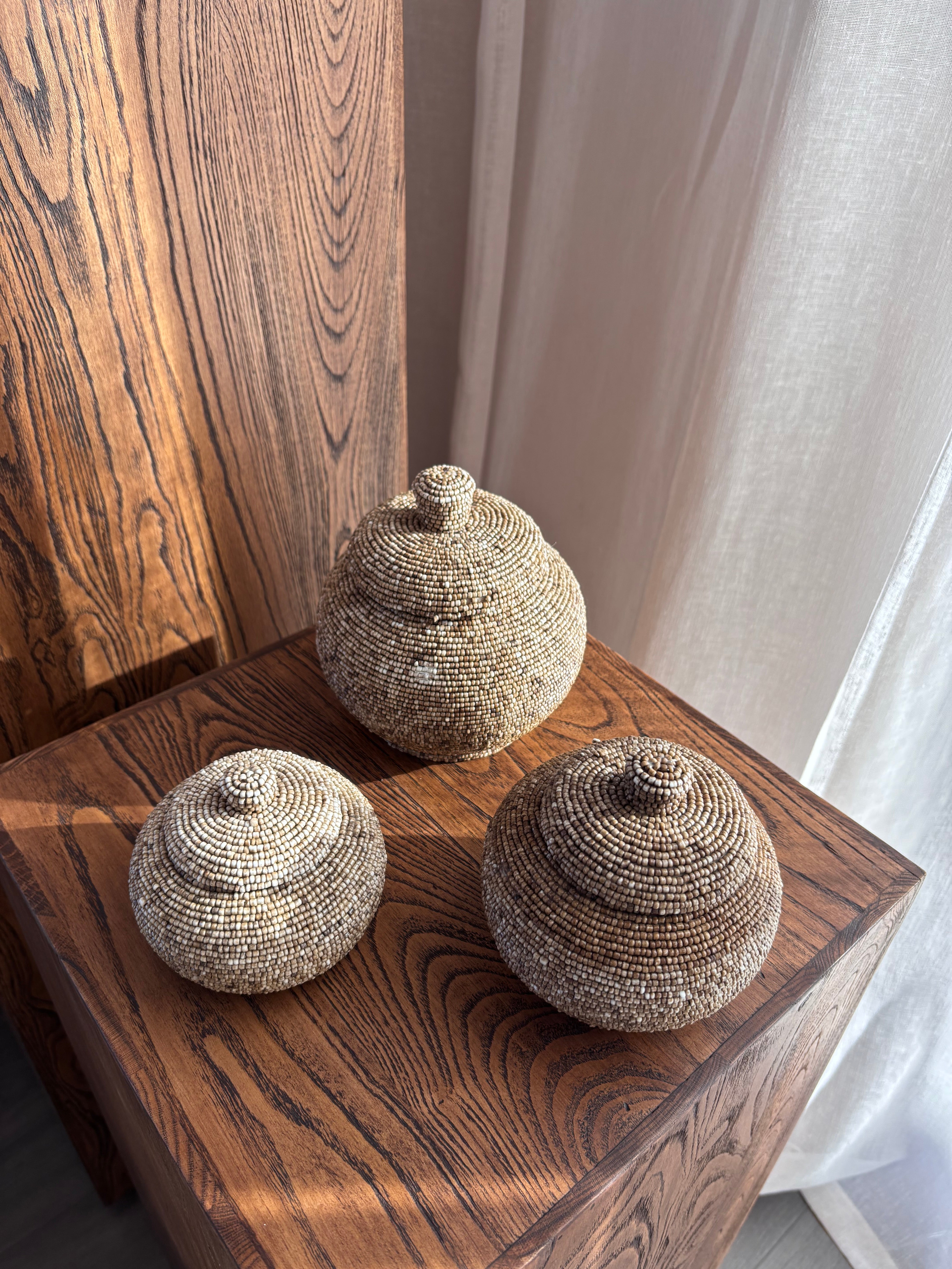 Wooden Pot with Beaded Exterior - Natural