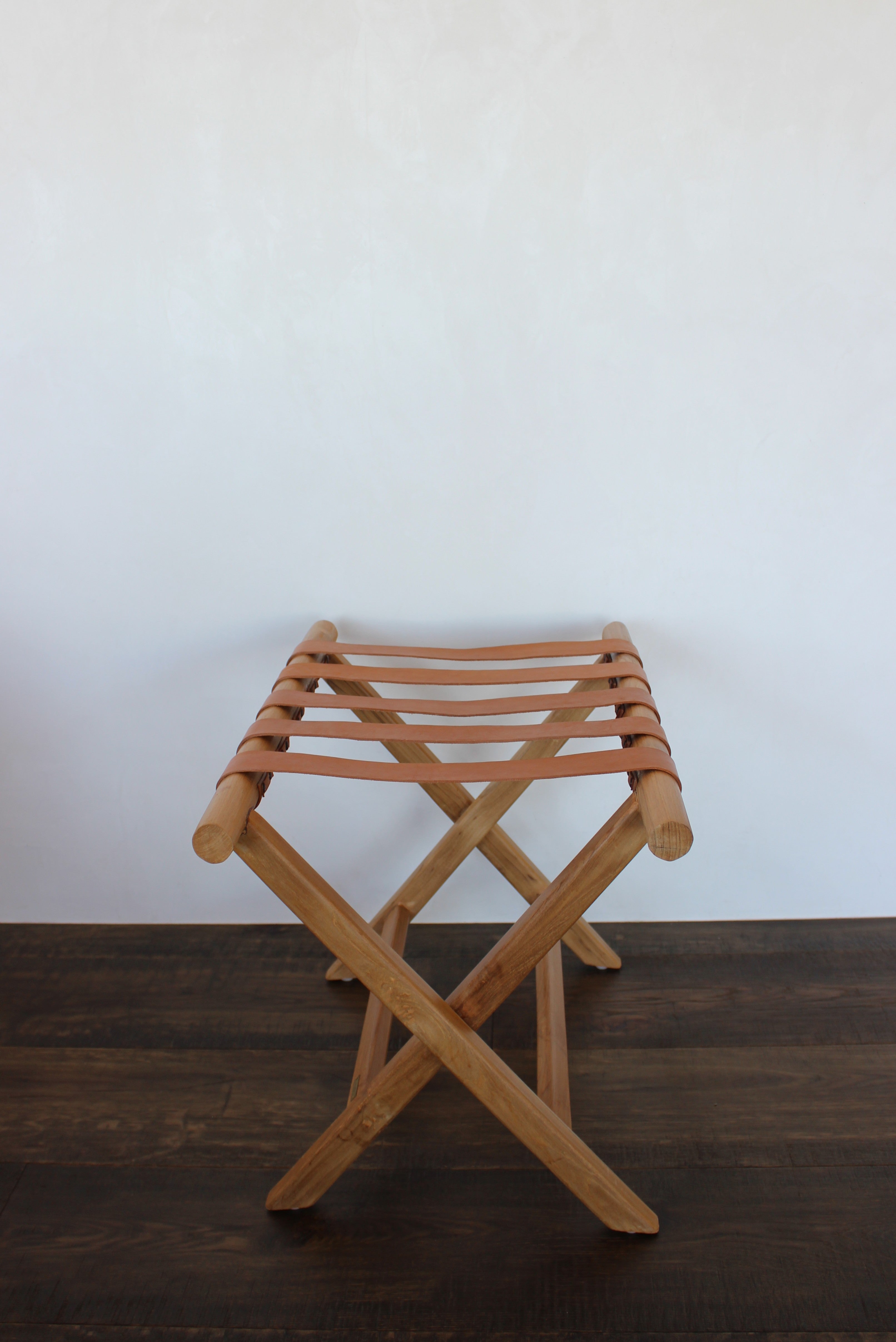 Teak + Leather Folding Luggage Rack — Tan