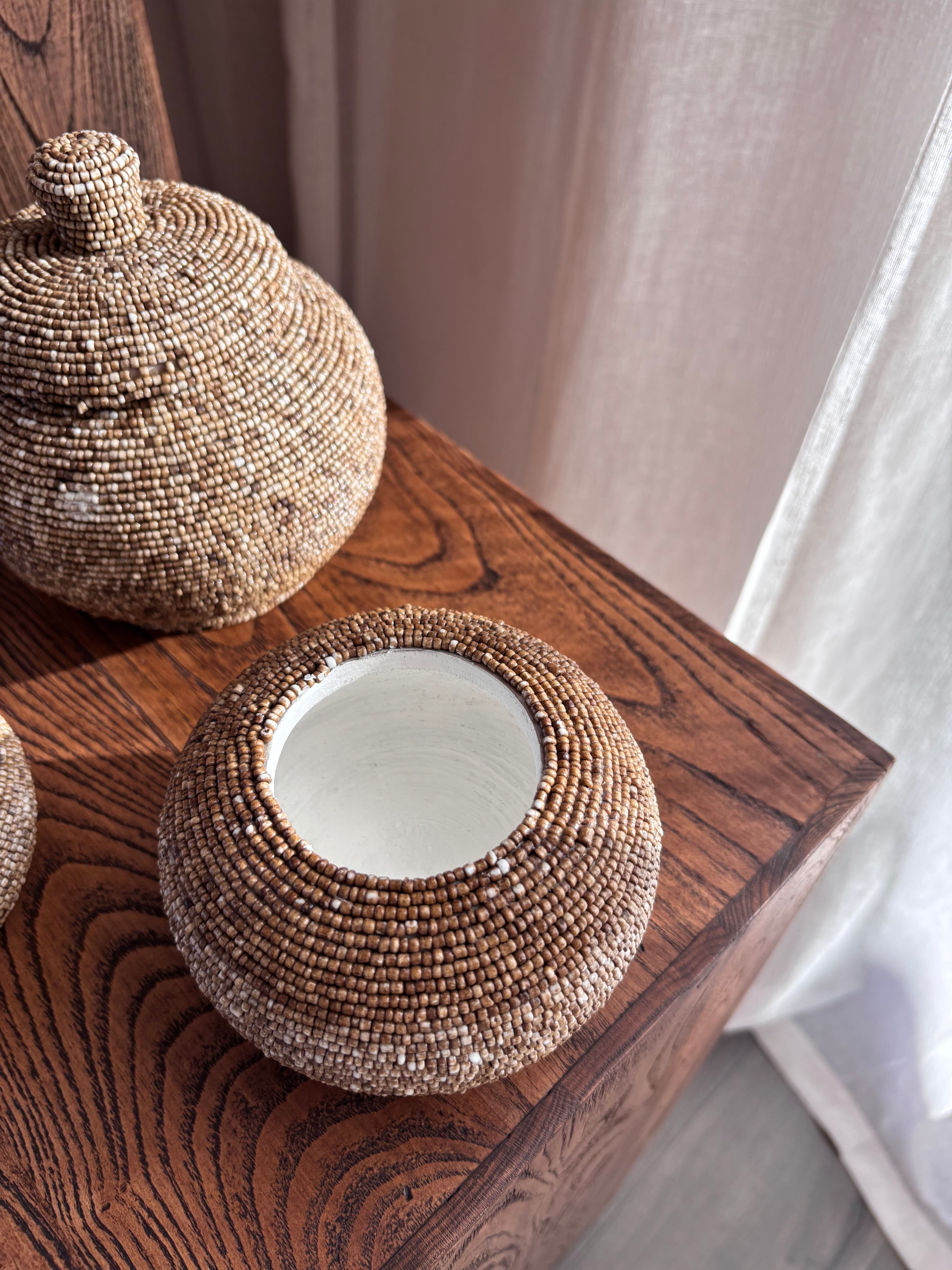 Wooden Pot with Beaded Exterior - Natural