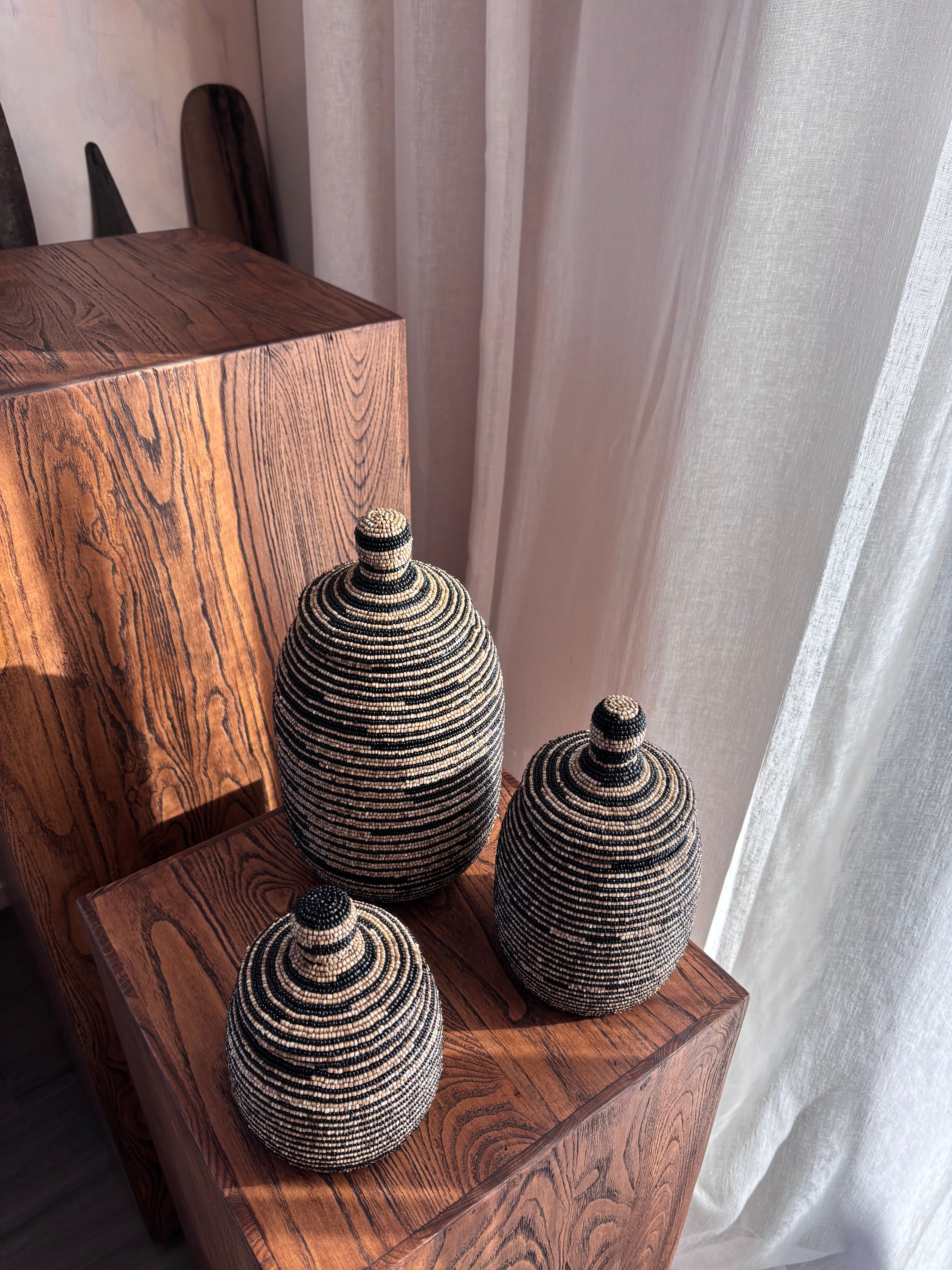Hand Beaded Canister - Black / Natural Stripe