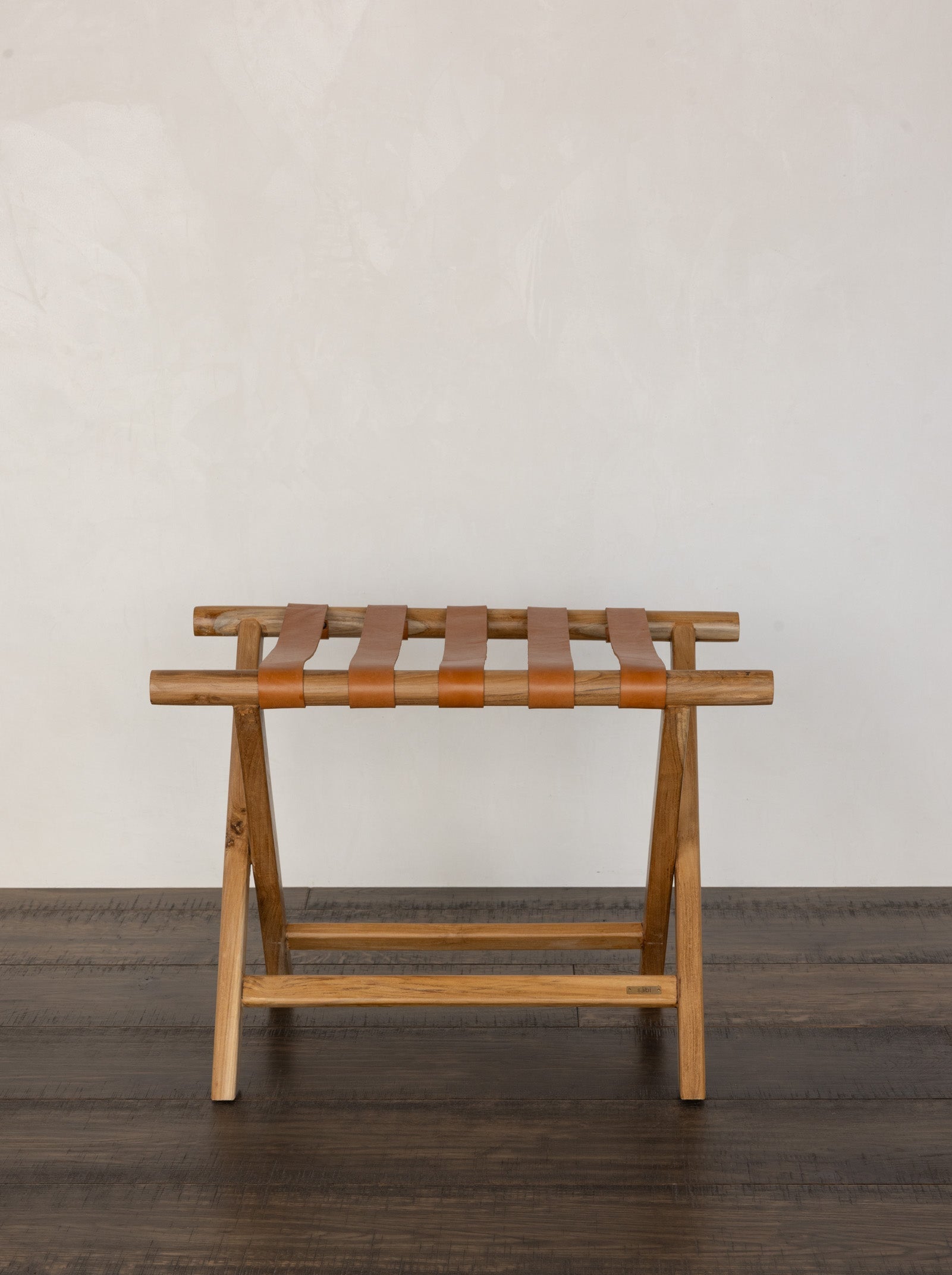 Teak + Leather Folding Luggage Rack — Tan