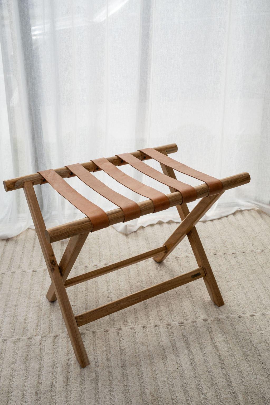 Teak + Leather Folding Luggage Rack — Tan