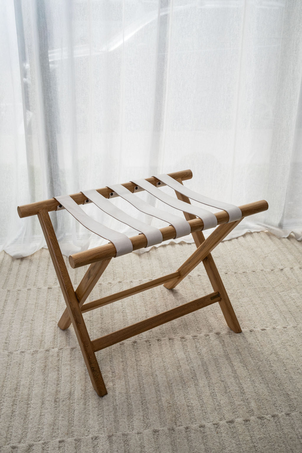Teak + Leather Folding Luggage Rack — White