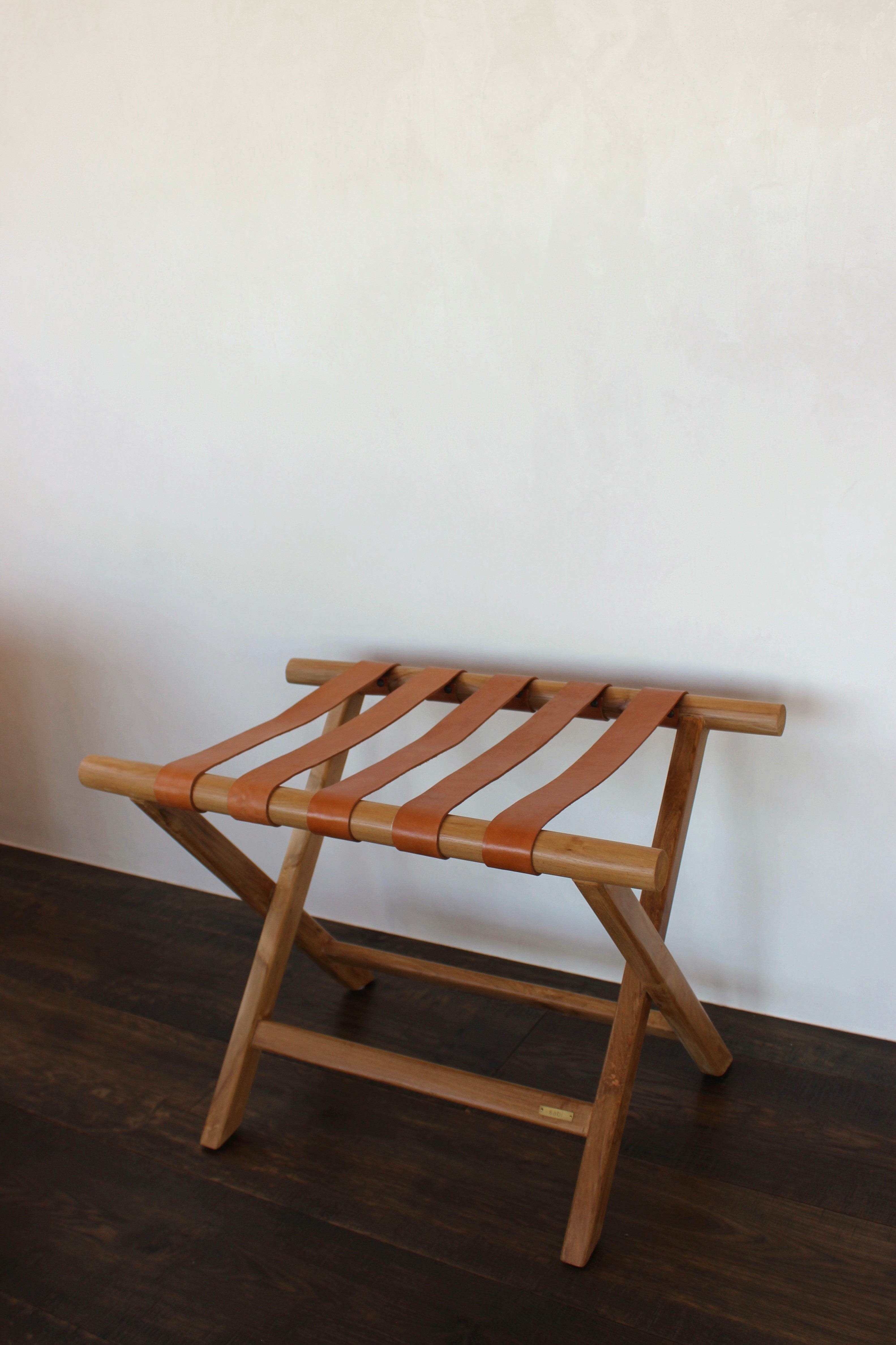 Teak + Leather Folding Luggage Rack — Tan
